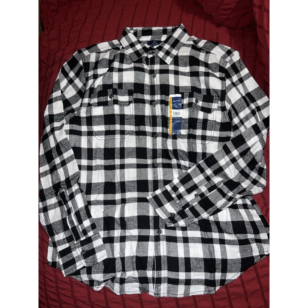 GEORGE Men's Plaid Button Down Long Sleeve Classic Fit Black/White Shirt. Size L